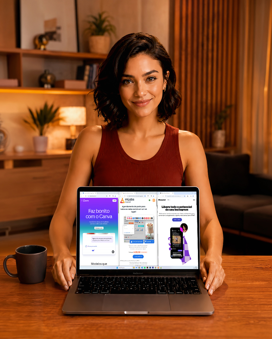 Criadora de conteúdo usando os Apps+ do Flavu